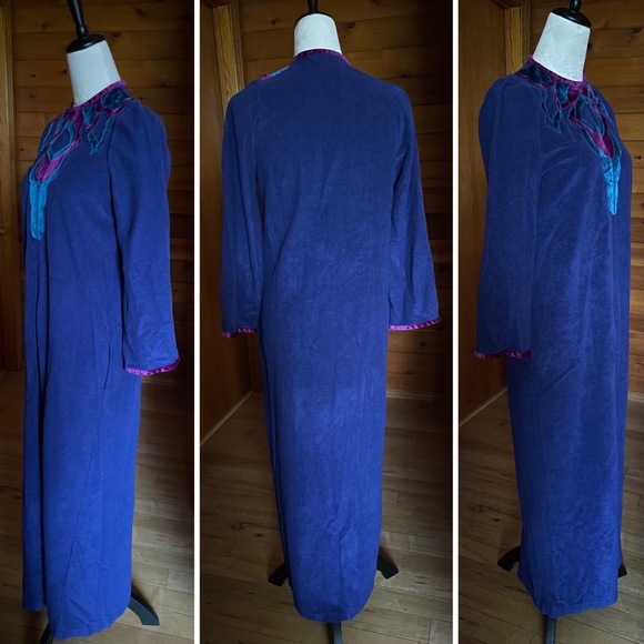 Vintage 70s Kayser Velour Velvet Indigo 1/2 Zip Up Robe House Coat Sz Small - Picture 3 of 7